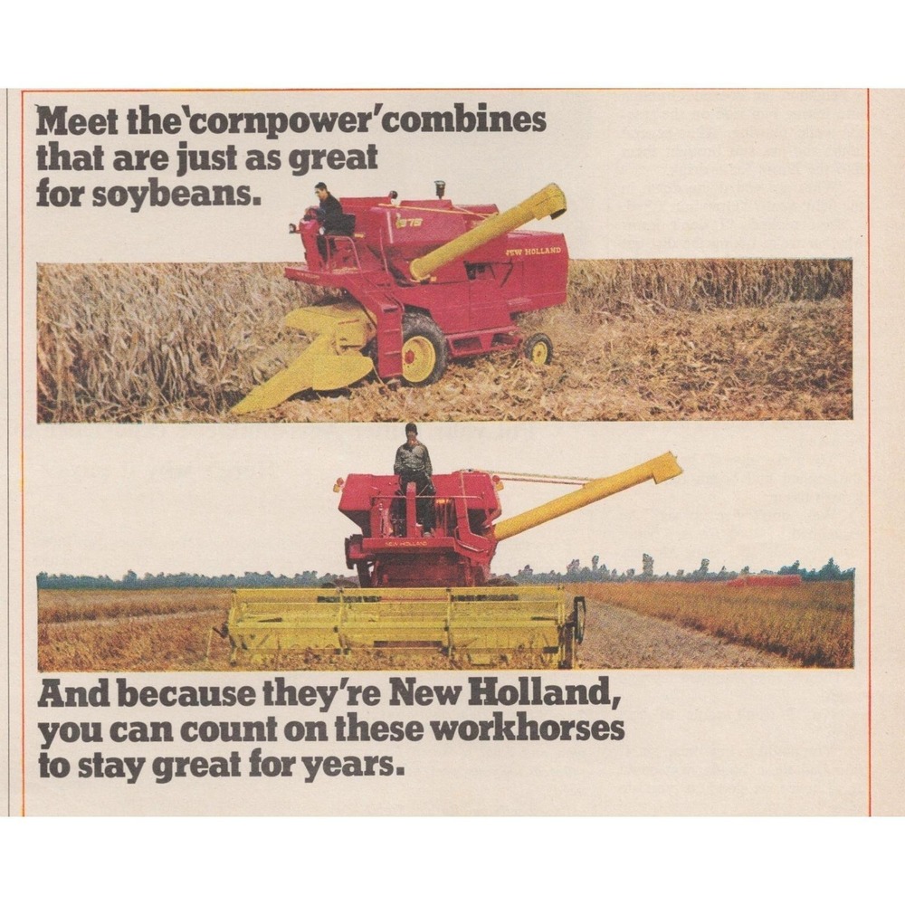 1969 New Holland Vintage Print Ad Combine Cornpower Farming  Mid Century Decor